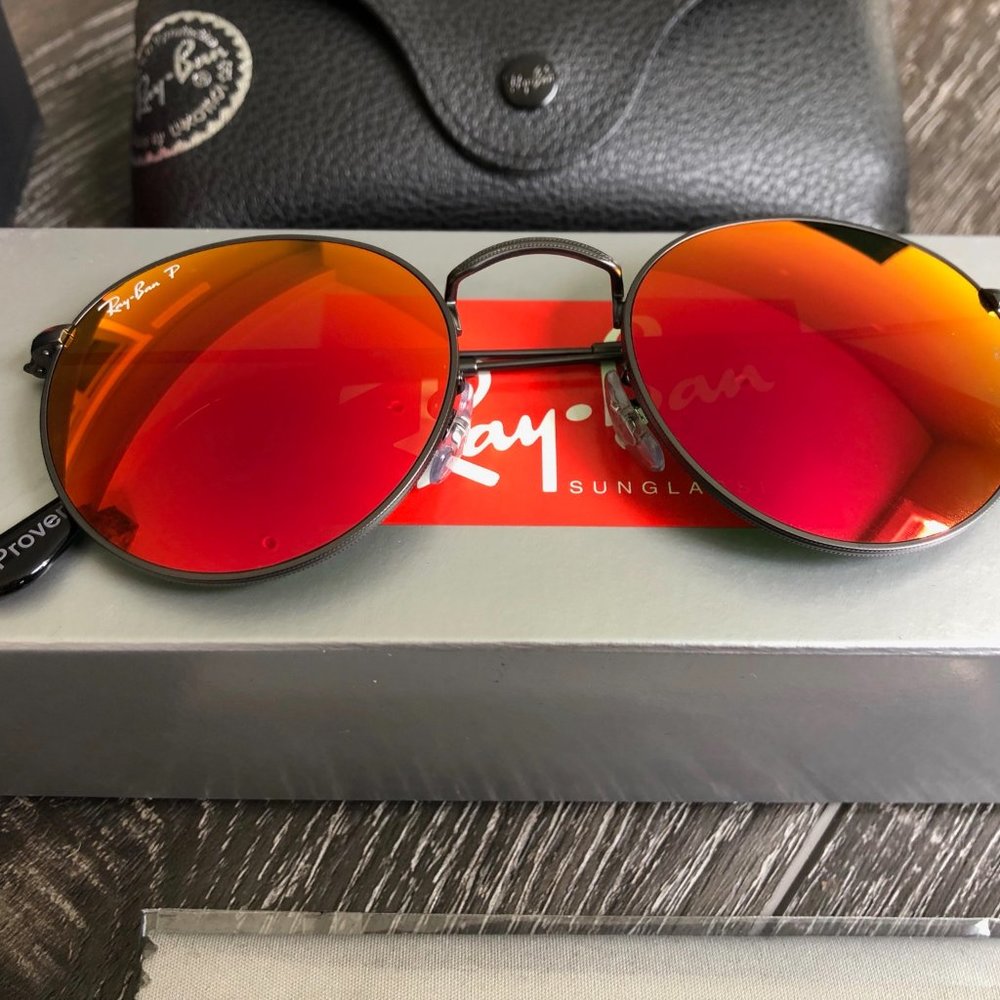 NWT Ray-ban Round Orange Flash Polarized Sunglasses with Matte Gunmetal Frame